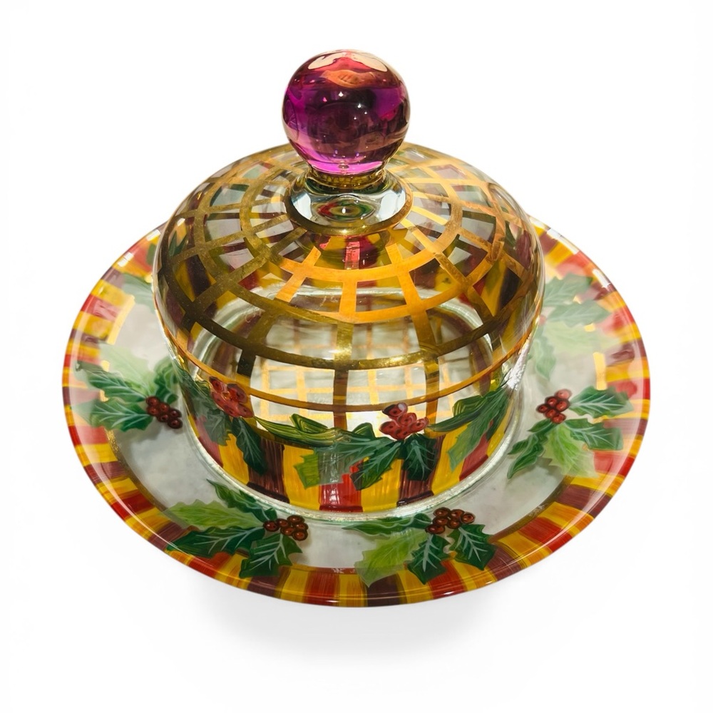 MacKenzie-Childs Circus Glass Cake Dome w Plate 1990s Holly Gold Lattice
